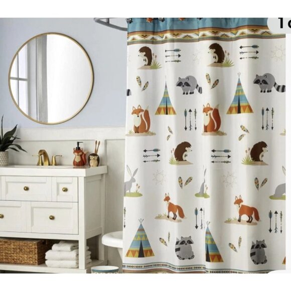 Woodland-Themed Shower Curtain Set With 12 Hooks & 2 Towels Multicolor Embroider - Picture 1 of 5